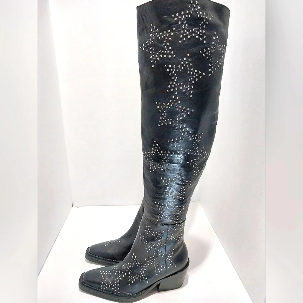 Nasty‎ Gal Real Leather Star Studded Over The Knee Western Boots, NEW, Size 36